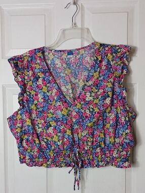 Old Navy Flutter Sleeve Crop Top Floral Cotton V Neck Elastic Boho Chic Size XL